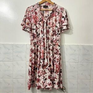 Amana M Pink White Floral Flutter Sleeve Preppy Romantic Feminine Mini Dress